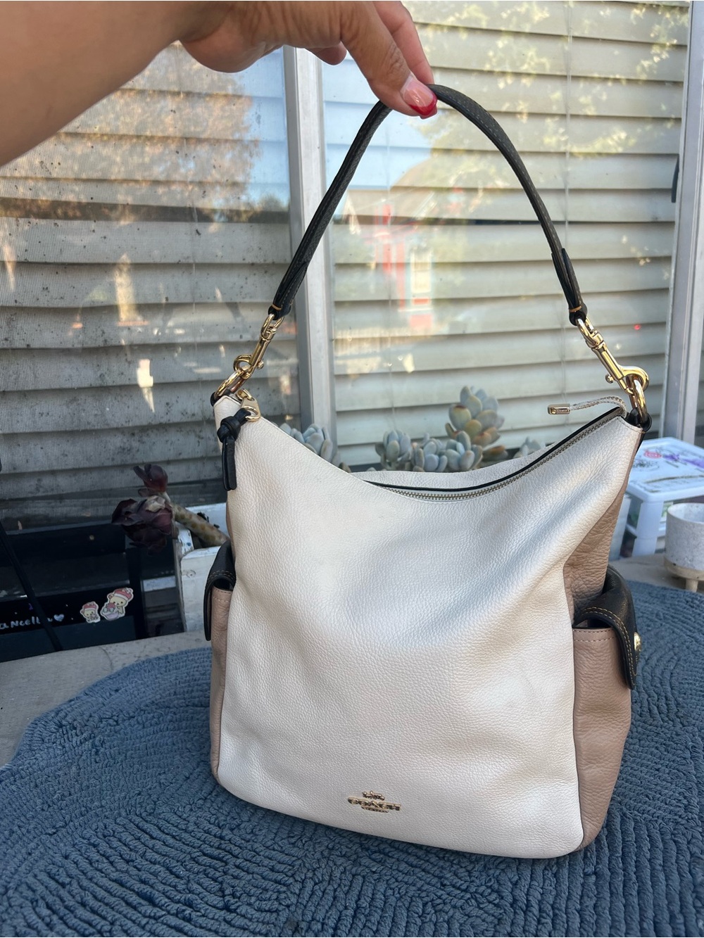 Coach Two-Tone Pebbled Leather Hobo Bag - Cream, Tan & Black